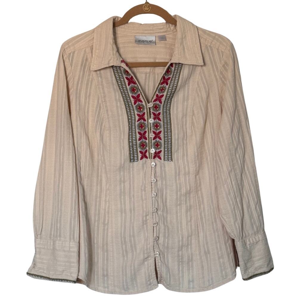 Avenue Womens Shirt Embroidered‎ Floral Cliched Back Sz 22/24 Cream Boho Western